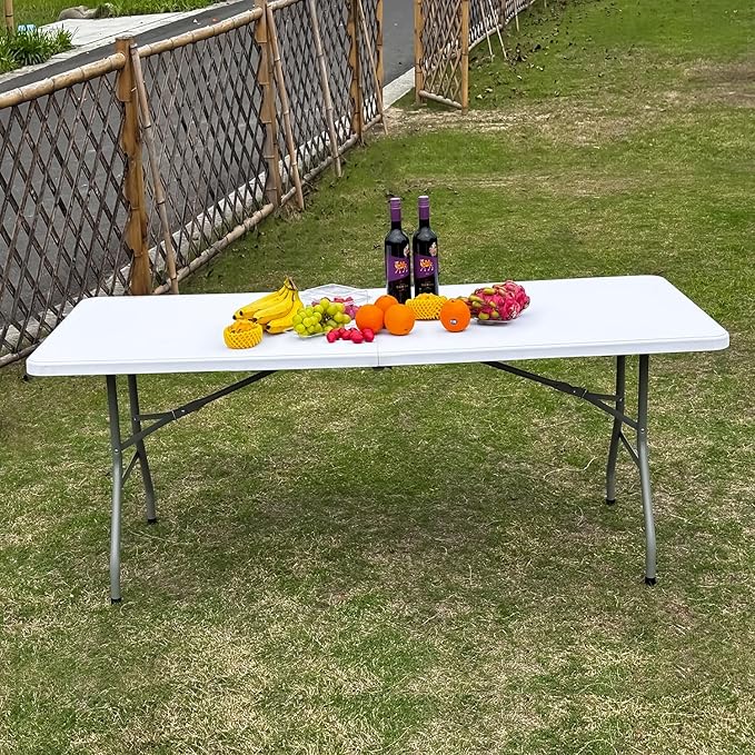 70.8" W X 29" D X 29" H - 6 ft Folding Table White Portable Heavy Duty Plastic Fold-in-Half Utility Foldable Table for Camp，Picnic & Party