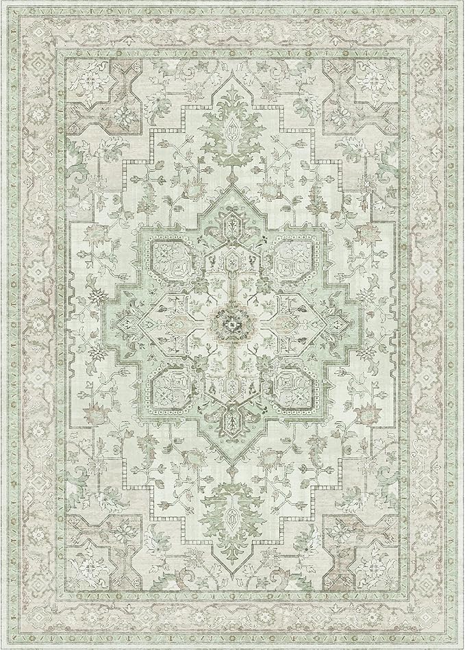 GENIMO 10x12 Area Rugs for Living Room, Machine Washable Non Slip Vintage Rugs, Low Pile Lightweight Chenille Print Rug for Bedroom, Dining Room, Home Office, Oat Light