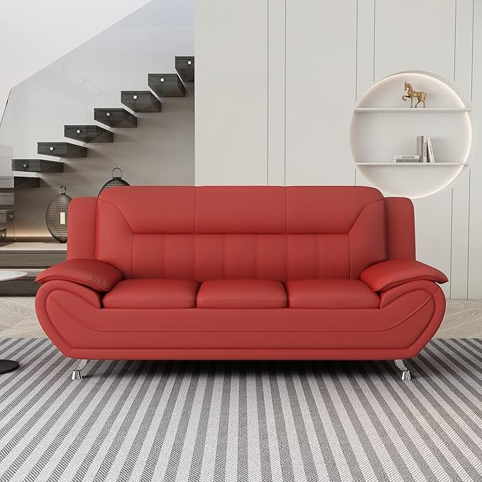 Container Furniture Direct Michael Modern Faux Leather Upholstered Stainless Steel Legs Living Room Sofa, Loveseat, Red