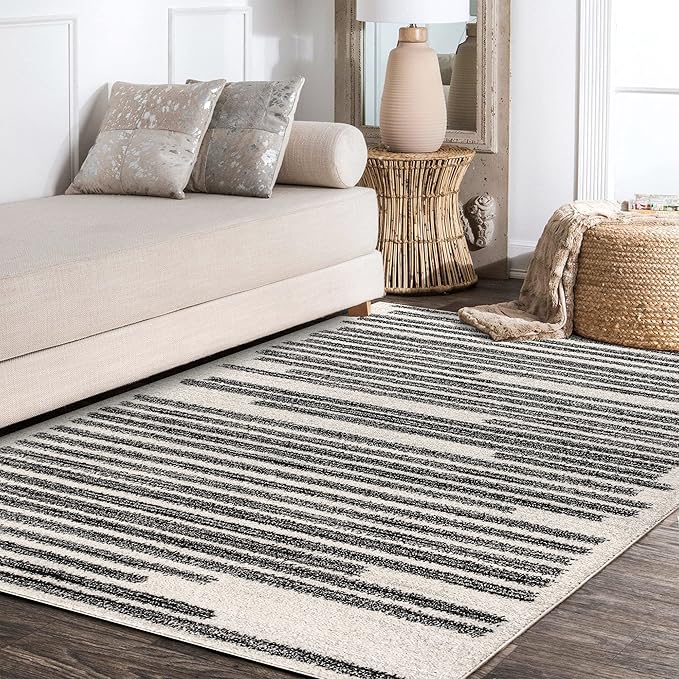 JONATHAN Y Khalil Modern Berber Stripe Cream/Black Indoor Area Rug, 5x8, Contemporary, Bohemian, Easy-Cleaning for Living Room, Bedroom, Kitchen, Pet Friendly, Non-Shedding (MOH207A-5)