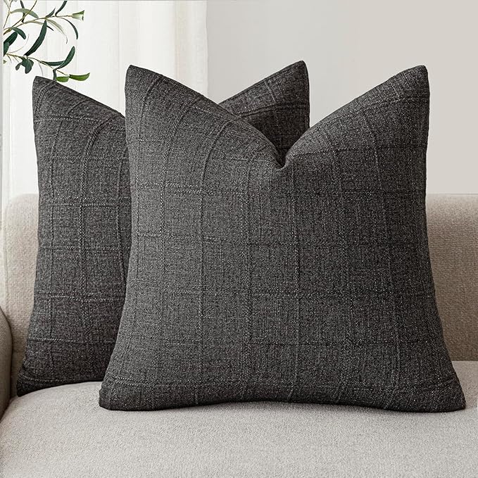 Foindtower Set of 2 Decorative Linen Check Throw Pillow Covers Neutral Farmhouse Vintage Cushion Covers Modern Boho Home Decor for Sofa Chair Couch Bedroom Living Room Outdoor,26×26 Inch,Charcoal