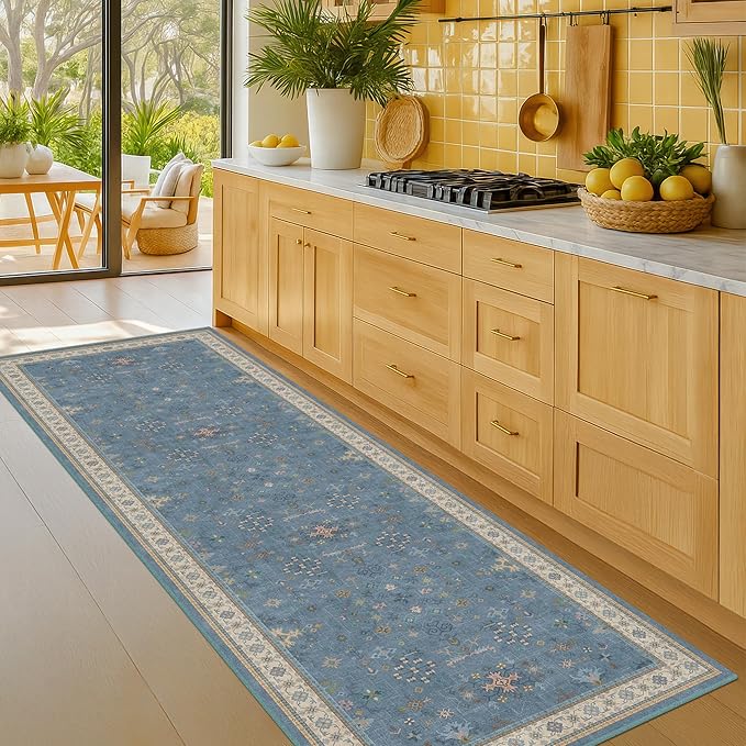 Boho 2x6 Non Slip Kitchen Rug Runner - Light Blue Washable Rug for Bathroom, Laundry Room, Hallway, Non Slip with Rubber Backing, Floral Eclectic Unique Runner Décor