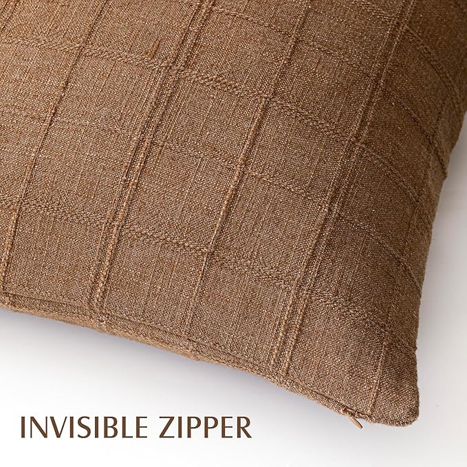 Foindtower Set of 2 Decorative Linen Check Throw Pillow Covers Neutral Farmhouse Vintage Cushion Covers Modern Boho Home Decor for Sofa Chair Couch Bedroom Living Room Outdoor,20×20 Inch,Brown Hazel