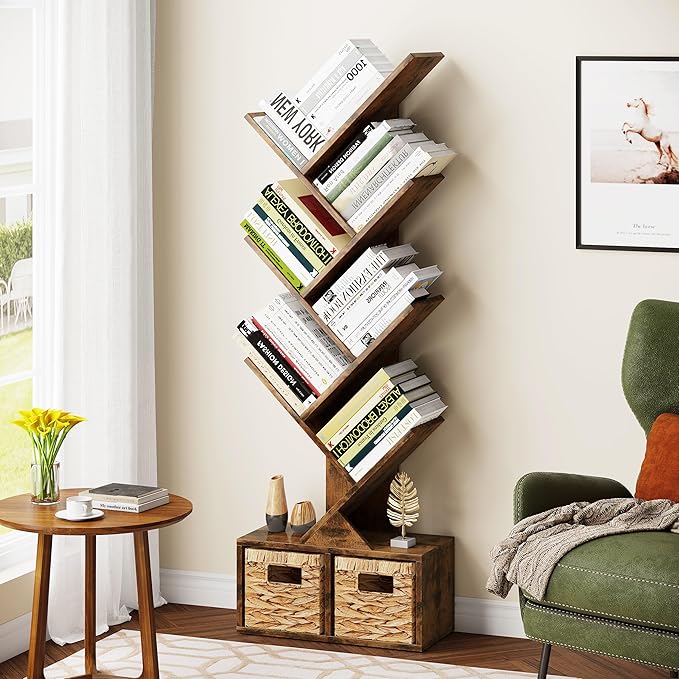 Vagusicc 6 Tier Tree Bookshelf, Small Bookcase with Storage Cabinet, Modern Tall Narrow Bookshelves Organizer, Floor Standing Book Shelf for Bedroom/Living Room/Home Office/Corner, Rustic Brown
