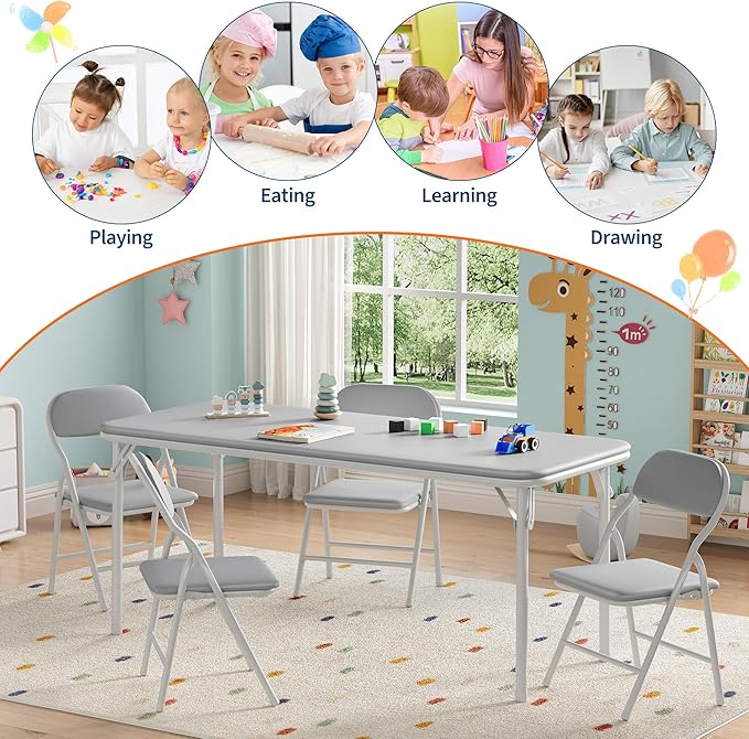 IDEALHOUSE 5 Piece Folding Kids Table and Chairs Set, Children's Activity Table and Chairs Set for Dining Room,Daycare,Classrooms