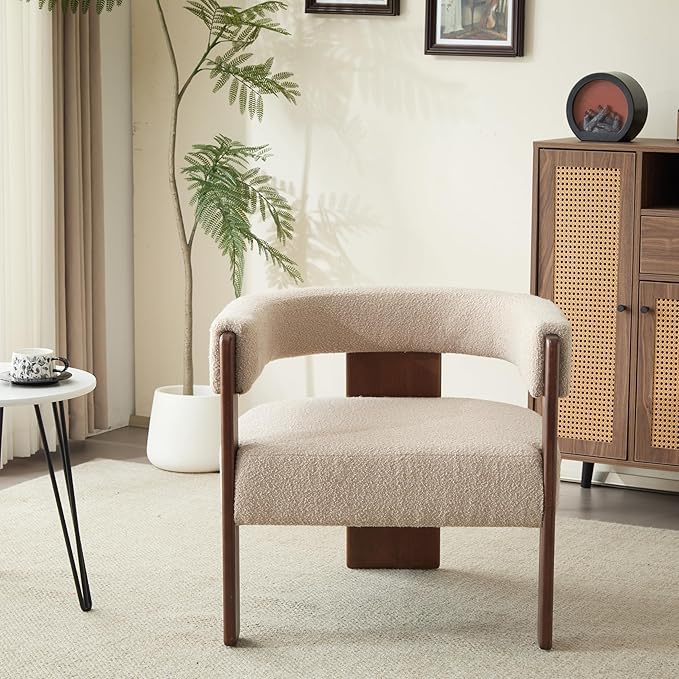 Christopher Knight Home Nettie Modern Accent Chair for Living Room, Boucle Fabric Single Lounge Sofa Chair with Wooden Frame, Comfy Reading Chair for Bedroom, Lounge Armchair with Cushion, Dark Beige