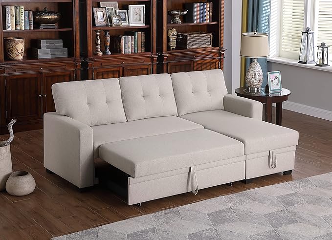 Devion Furniture Maison 4-in-1 Convertible L Shaped Couch with Pull Out Bed and Storage, Sectional Sleeper Sofa with Reversible Chaise for Living Room, Apartment, Bedroom, Office