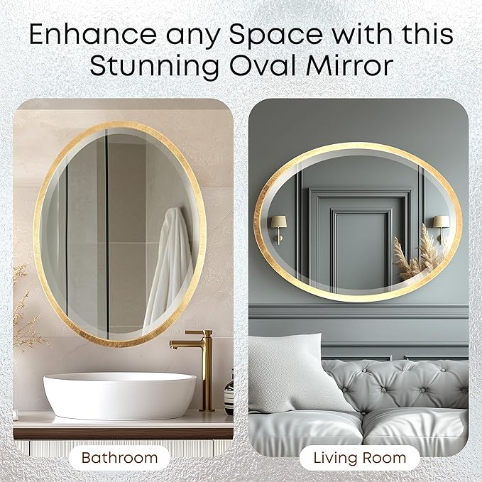 OVALCREST - Oval Wooden Beveled Wall Mirror for Home Decor, Bathroom, Vanity, Bedroom, Living Room, Hallway - London Style (Gold Leaf) 25.1 x 37.1