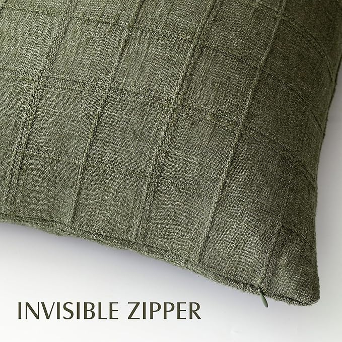 Foindtower Set of 2 Decorative Linen Check Throw Pillow Covers Neutral Long Body Lumbar Cushion Covers Farmhouse Vintage Boho Home Decor For Sofa Chair Couch Bedroom Living Room,14×36 Inch,Olive Green