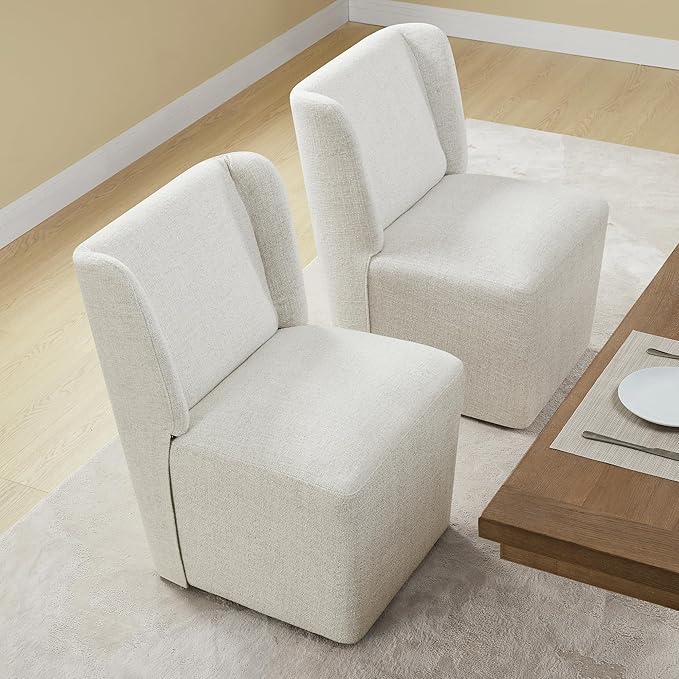 Upholstered Dining Chair with Casters Wingback Modern Side Armless Deskchair with Rollers for Diningroom Bedroom Livingroom Reading Room,Linen,2 Box