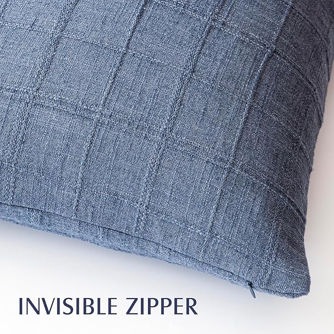 Foindtower Set of 2 Decorative Linen Check Throw Pillow Covers Neutral Long Body Lumbar Cushion Covers Farmhouse Vintage Home Decor for Sofa Chair Couch Bedroom Living Room Outdoor,14×36 Inch,Blue