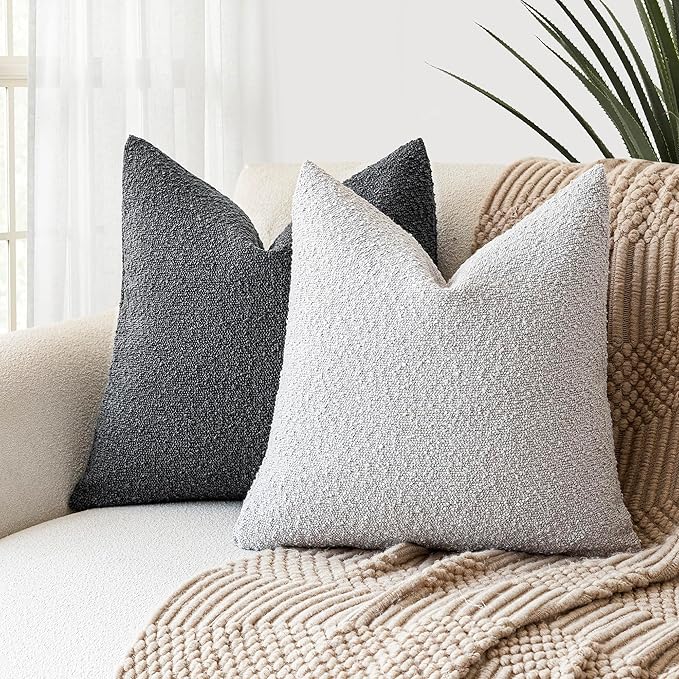 Foindtower Pack of 2 Textured Boucle Throw Pillow Covers Accent Solid Decorative Pillow Cases Cozy Woven Couch Cushion Case for Chair Sofa Bedroom Living Room Home Decor, 20 x 20 Inch,Light Grey