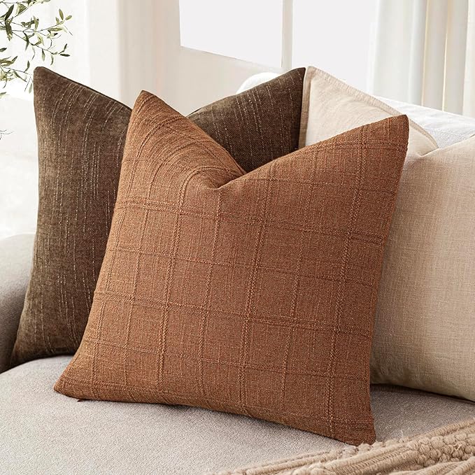 Foindtower Set of 2 Decorative Linen Check Throw Pillow Covers Neutral Farmhouse Vintage Cushion Covers Modern Boho Home Decor for Sofa Chair Couch Bedroom Living Room Outdoor,16×16 Inch,Orange