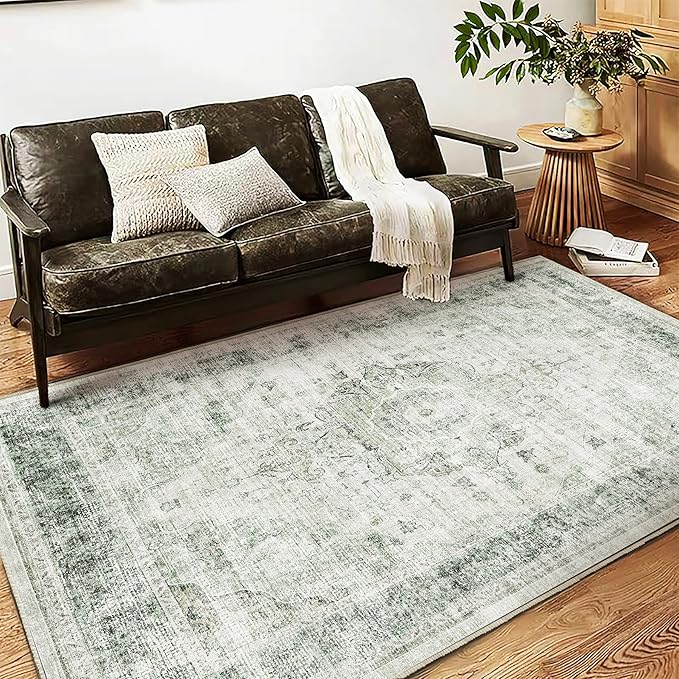 Area Rug 5'x7' Washable Rug Floral Green Vintage Traditional Floor Cover Thin Retro Kitchen Indoor Distressed Non Slip Carpet for Living Room Bedroom Dining Room