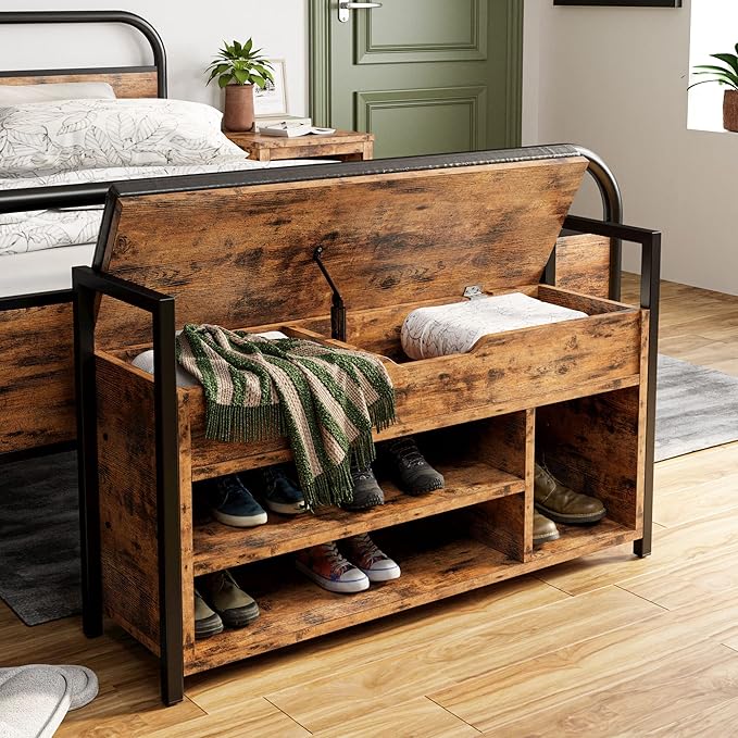 IRONCK Shoe Storage Bench, Entryway Bench with Lift Top Storage Box, Metal and Board Bench for Entryway, Two Tier Shoe Rack Organizer for Entryway, Hallway, Industrial, Vintage Brown