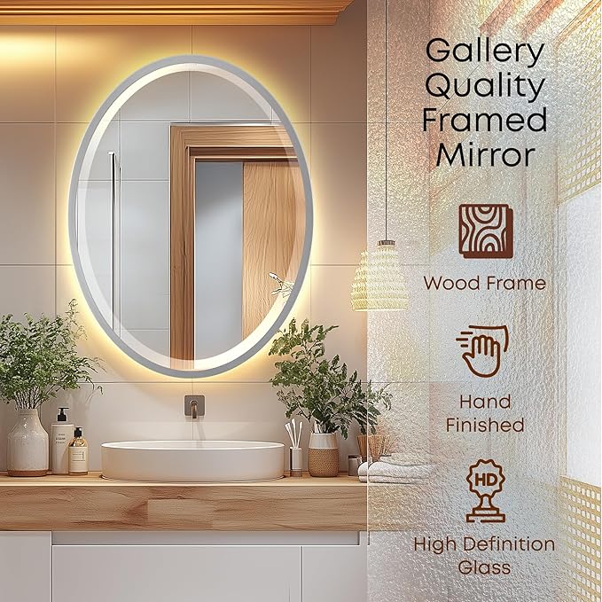 OVALCREST - Oval Wooden Beveled Wall Mirror for Home Decor, Bathroom, Vanity, Bedroom, Living Room, Hallway - London Style (Silver Spray) 13.1 x 17.1