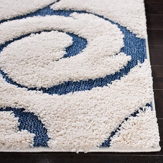 SAFAVIEH Florida Shag Collection Runner Rug - 2'3" x 21', Cream & Blue, Scroll Design, Non-Shedding & Easy Care, 1.2-inch Thick Ideal for High Traffic Areas in Living Room, Bedroom (SG455-1165)