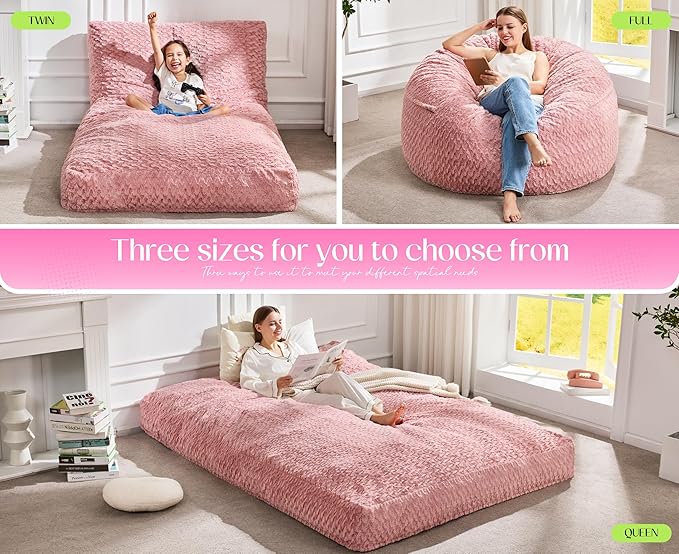 Hobestluk Bean Bag Chair Convertible Beanbag Chairs for Adults, 3 in 1 Bean Bags with Plush Chevron Cover, Adult Bean Bag Chair for Living Room, Bedroom (Pink, Twin)