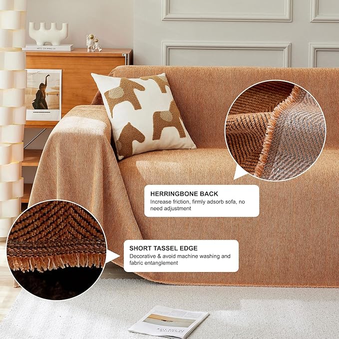 STACYPIK Thick Burnt Orange Sofa Cover, Breathable Chenille Couch Cover for Sectional, Pet Friendly Protector for 3 Cushion Couch, Pumpkin Loveseat Cover for L-Shaped, Washable Sofa Slipcover-71X150IN