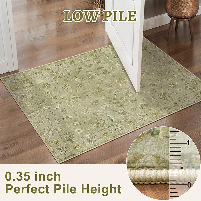 Tangsoo 2x10 Washable Runner Rug for Hallways, Floral Vintage Non Slip, Soft Low Pile Long Rugs Runner, Print Distressed Green Carpet Runners for Kitchen Bedroom Entryway Living Room