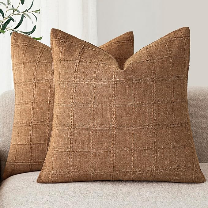 Foindtower Set of 2 Decorative Linen Check Throw Pillow Covers Neutral Farmhouse Vintage Cushion Covers Modern Boho Home Decor for Sofa Chair Couch Bedroom Living Room Outdoor,18×18 Inch,Brick