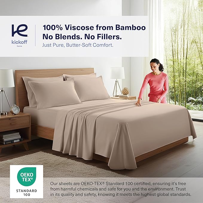 Kickoff Viscose Bamboo Sheets California King Size 4-pc 100% Organic Bamboo Viscose Bed Cooling Sheets Cal King Set Cool Bedding for hot Sleepers Sheet, Flat, Fitted, Pillowcases (Iced Latte, CK)