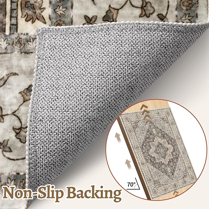 Tangsoo 5x7 Area Rug Washable Rug for Living Room, Vintage Indoor Non Slip Large Area Rugs, Print Distressed Brown/Grey Carpet, Soft Low Pile Foldable Floor Rug for Bedroom Dining Room Dorm
