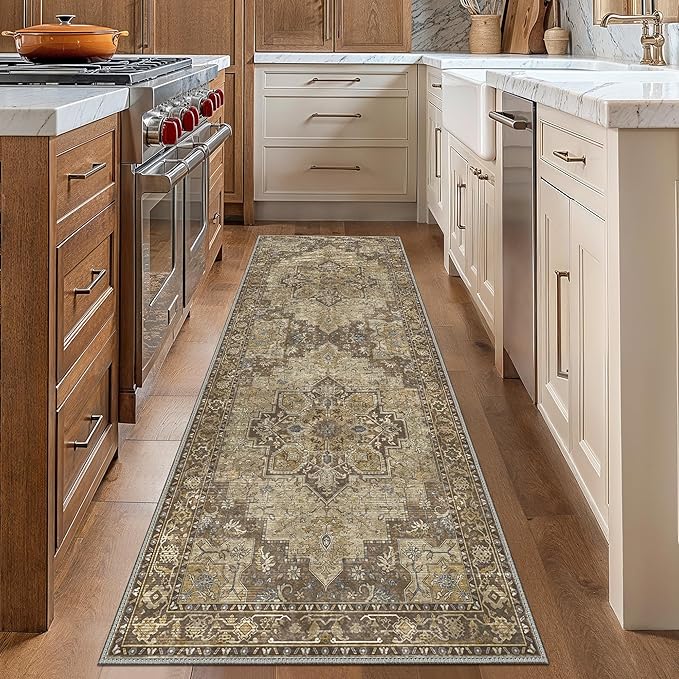 GENIMO 2'6''x10 Runner Rugs for Hallway, Machine Washable Non Slip Vintage Rugs, Low Pile Lightweight Soft Print Rug for enrtyway, Corridor, Home Office, Kitchen, Rustic Brown