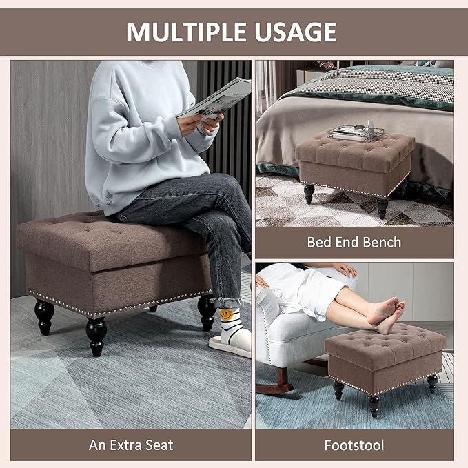 HOMCOM Ottoman with Storage for Living Room, 25" Storage Ottoman with Removable Lid, Button-Tufted Fabric Bench for Footrest and Seat with Wood Legs, Coffee