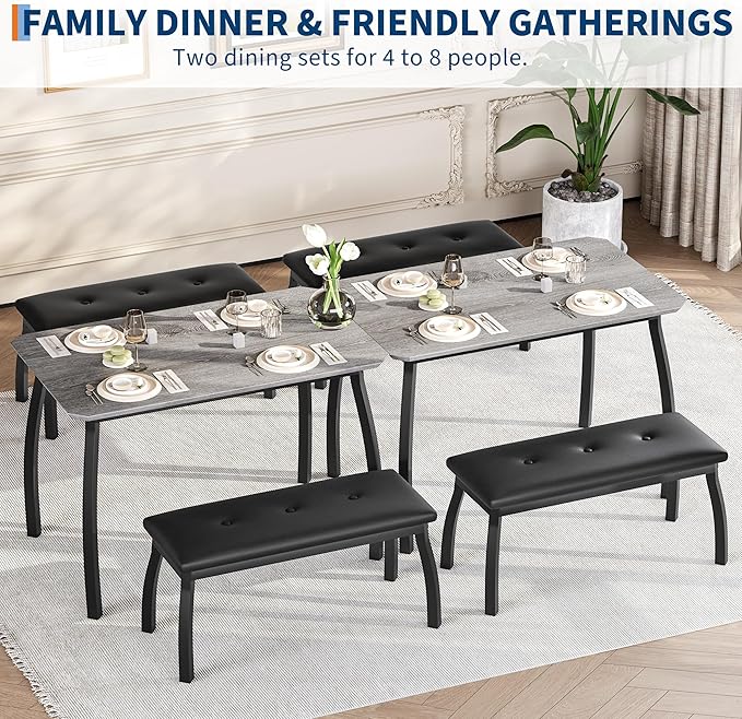 3 Piece Farmhouse Dining Table Set for 4, Compact Rustic Kitchen Table with 2 Padded Benches, Space Saving Breakfast Nook Furniture Set for Small Spaces, Apartments, Grey
