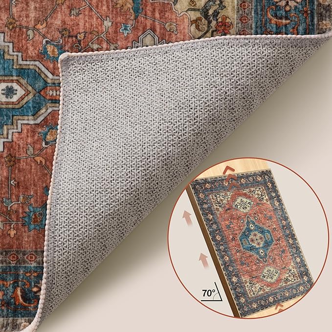 Tangsoo 5x7 Area Rug Washable Rug for Living Room, Vintage Indoor Non Slip Large Area Rugs, Print Distressed Rust Carpet, Soft Low Pile Foldable Floor Rug for Bedroom Dining Room Dorm Terracotta