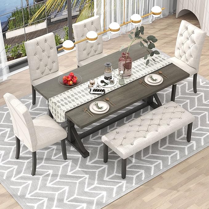 Ball & Cast 6 Piece Dining Table Set with 4 Upholstered Chairs and 1 Bench,Wooden Living Room Furniture for 6 W/ 72" Rectangle Desk,for Small Space,Apartment,Dining Room,Gray