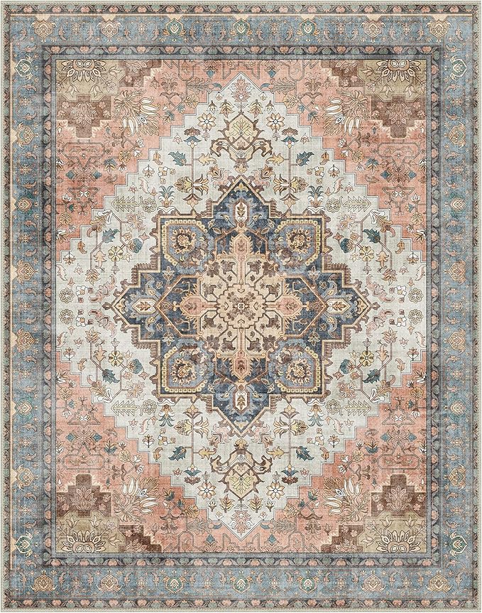 GENIMO 8x10 Area Rugs for Living Room, Machine Washable Non Slip Vintage Retro Rugs, Low Pile Lightweight Chenille Print Rug for Bedroom, Dining Room, Home Office, Blue Brick Red