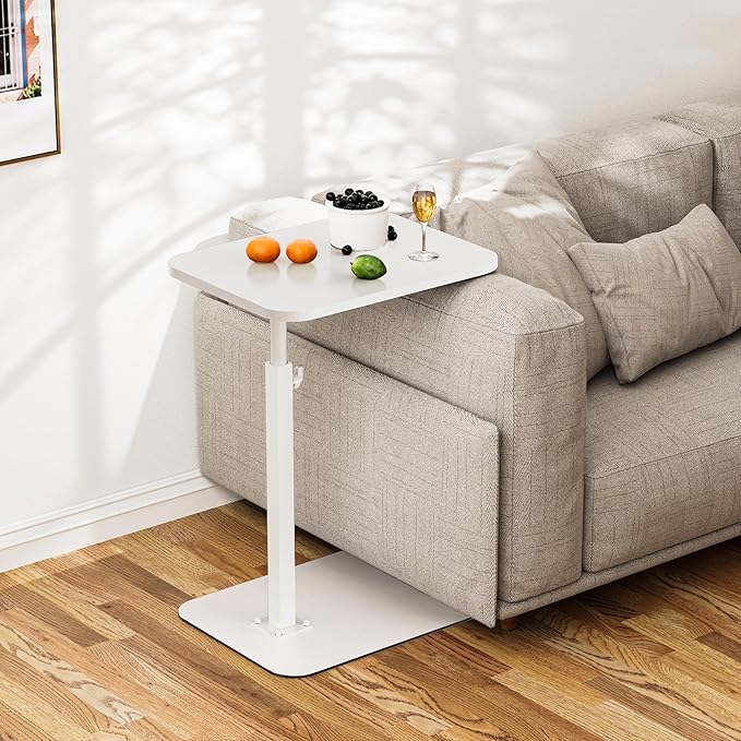 Side Table Sofa Tray for Couch Heavy Metal Base Swivel/Adjustable Height, Sofa Bed Bathroom Study TV Tray C Shaped End Table Food Snack Trays for Eating