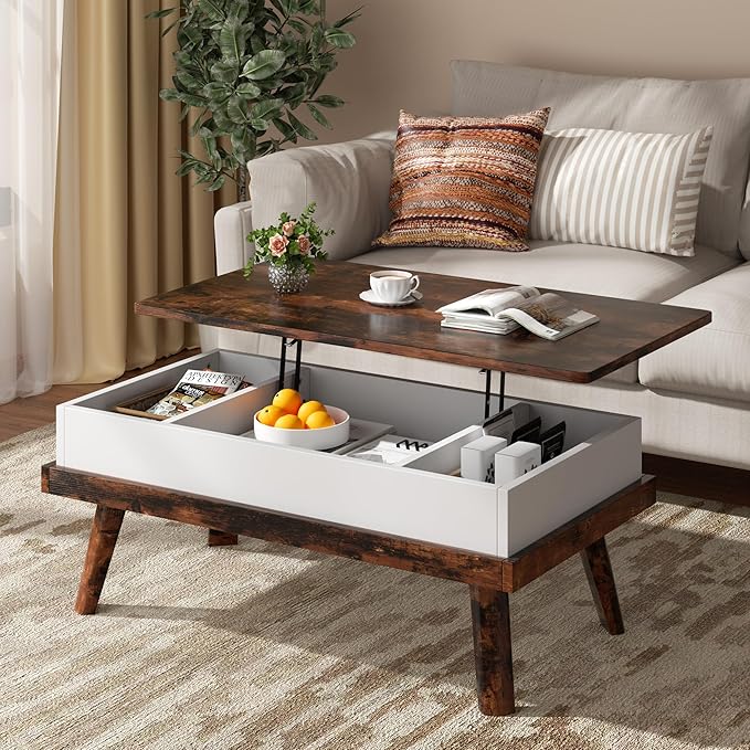 Shintenchi Coffee Table, Lift Top Coffee Table with Hidden Compartment, Rising Tabletop Dining Table, Lift Top Coffee Center Table for for Living Room, Office, Home (Rustic Brown)