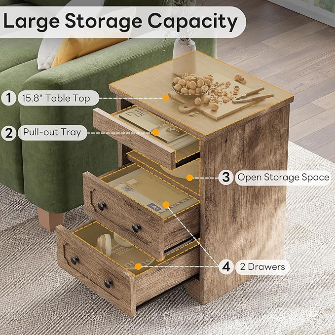 LIKIMIO Night Stand, Modern Bedside Table with 2 Drawers, Open Shelf, End Table with Pull-Out Tray, Wood SideTable, Grey Oak