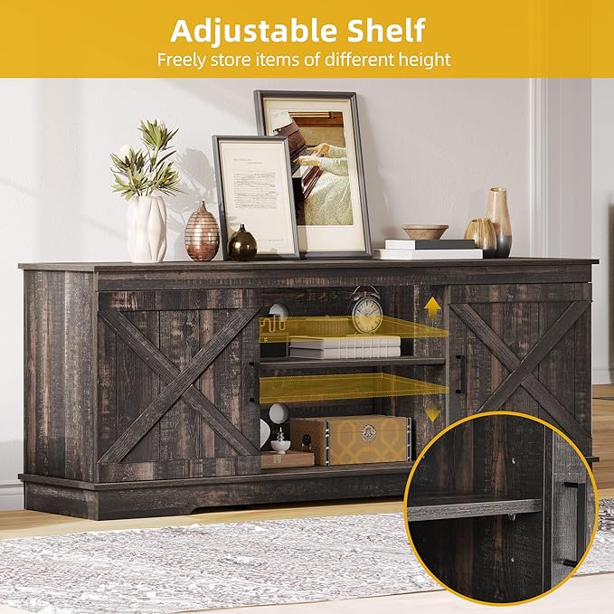 DWVO Farmhouse TV Stands for Living Room, Entertainment Center with Storage, TV Stand for 65 Inch TV with Double Barn Doors & Storage Cabinets, Rustic TV Cabinet Media Console, Dark Oak