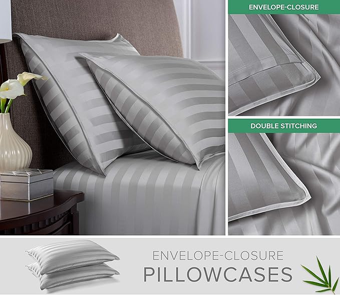 Twin Sheets by Pure Bamboo, Genuine 100% Organic Viscose Derived from Bamboo Bed Sheet Set, Luxuriously Soft & Cooling, Double Stitching, Lifetime Quality Promise (Twin, Jacquard Silver)