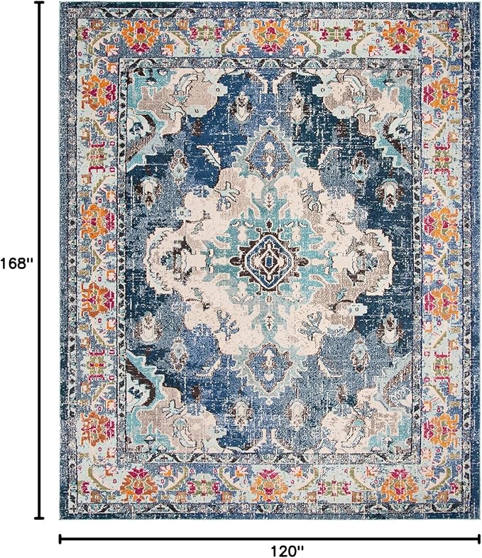 SAFAVIEH Monaco Collection Area Rug - 10' x 14', Navy & Light Blue, Boho Chic Medallion Distressed Design, Non-Shedding & Easy Care, Ideal for High Traffic Areas in Living Room, Bedroom (MNC243N)