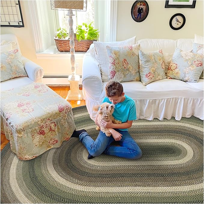 Homespice Pinecone Green Oval Rugs 6x9' – Rustic Jute Oval Area Rugs for Bedroom and Living Room for Country Decor