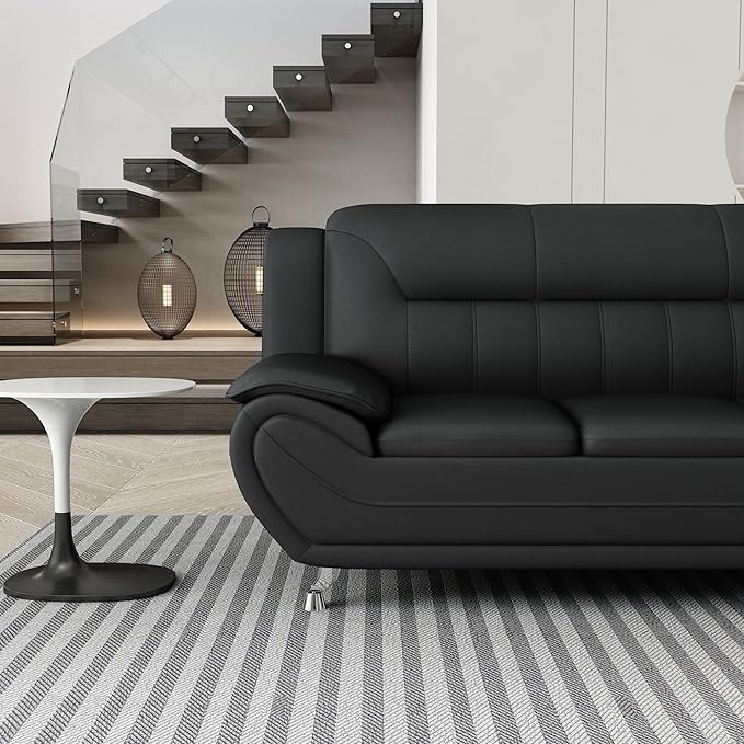 Container Furniture Direct Michael Modern Faux Leather Upholstered Stainless Steel Legs Living Room Sofa, Black