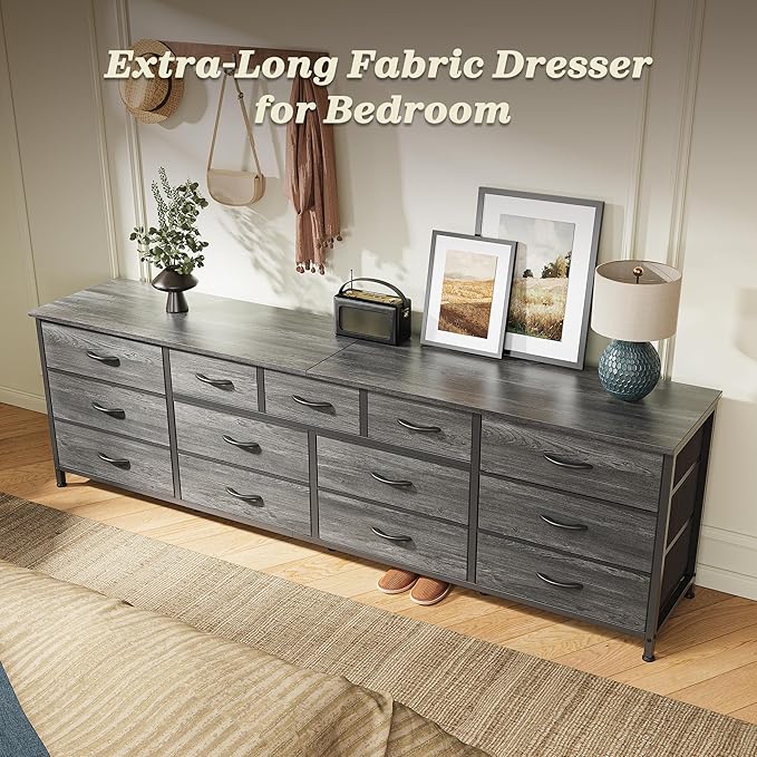 Huuger 70 Inch Dresser for Bedroom, TV Stand for 65, 75, 80 Inch TV, 13 Fabric Drawer Long Dresser, Large Entertainment Center for Bedroom, Wide Chest of Drawer with Storage, Grey