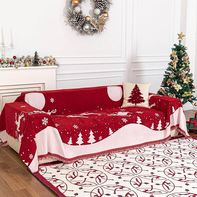 MYSKY HOME Christmas Chenille Sofa Slipcover Couch Covers for Sectional l Shaped Couch Pets Protector Furniture Covers Futon Cover Super Soft Washable Couch Covers for 2 Cushion, 71"x102", Red