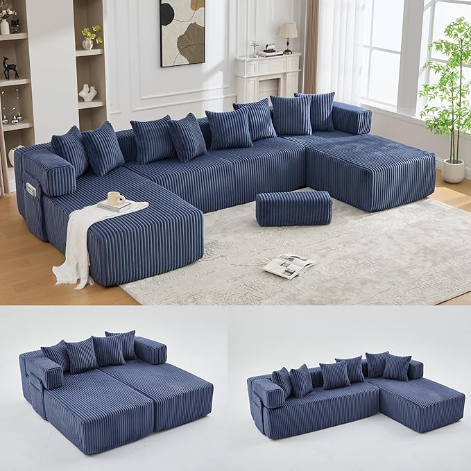 Eafurn DIY Combination Compression Modular Sectional Sofa with Double Chaise Lounge, 146" Oversized U Shaped Boneless Couch with Deep Seat Convertible Sleeper Sofabed w/Throw Pillows
