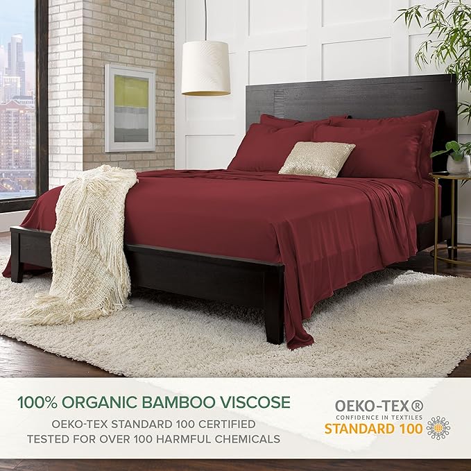 Split King Sheets by Pure Bamboo, Genuine 100% Organic Viscose Derived from Bamboo Bed Sheet Set, Soft & Cooling, Double Stitching *Not for Split Top (Split King, Merlot)