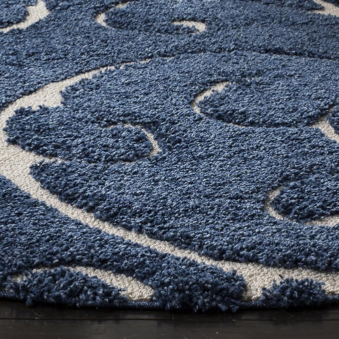 SAFAVIEH Florida Shag Collection 9' Round Dark Blue/Cream SG455 Scrolling Vine Graceful Swirl Textured Non-Shedding Living Room Bedroom Dining Room Entryway Plush 1.2-inch Thick Area Rug