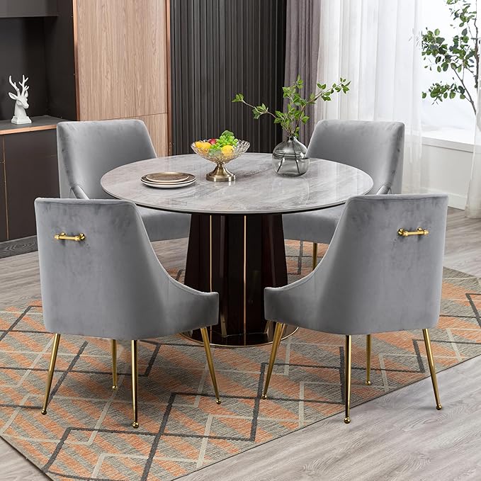 Modern Velvet Dining Chairs Set of 4, Contemporary Upholstered Furniture Collection with Polished Gold Metal Legs, Elegant Accent Chairs for Kitchen Living Room(Grey)