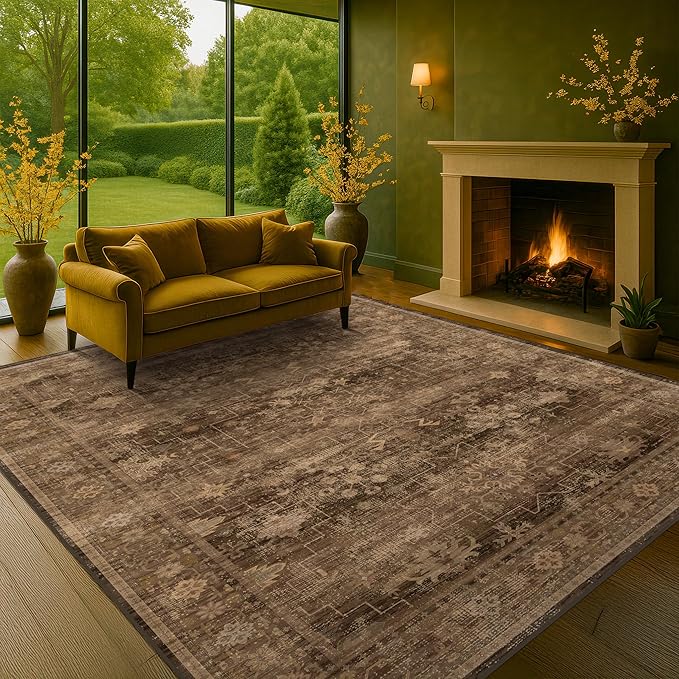 Taupe Brown Living Room Rug 6x9 - Vintage Traditional Eclectic Unique Neutral, Washable Low Pile Non-Slip Large Area Rugs for Dining Under Table Bedroom Lounge
