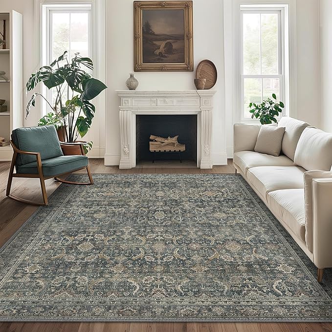 9X12 Area Rugs Machine Washable Rugs for Living Room, Vintage Boho Large Rugs for Bedroom Dining Room, Non Slip Indoor Soft Distressed Lightweight Thin Low Pile Carpet, Deep