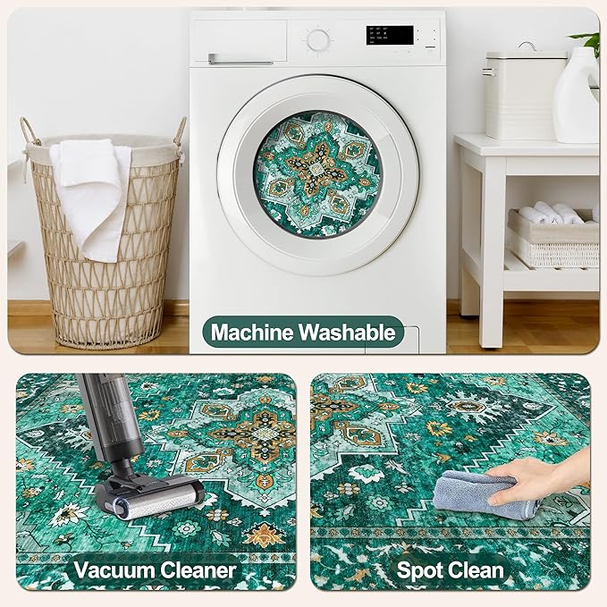 Tangsoo 5x7 Area Rug Washable Rugs for Living Room, Vintage Indoor Non Slip Large Area Rugs, Print Distressed Emerald Carpet, Soft Low Pile Foldable Floor for Bedroom Dining Room Dorm